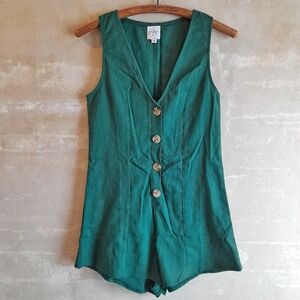 476a. green Polly sleeveless linen blend button front romper, 6